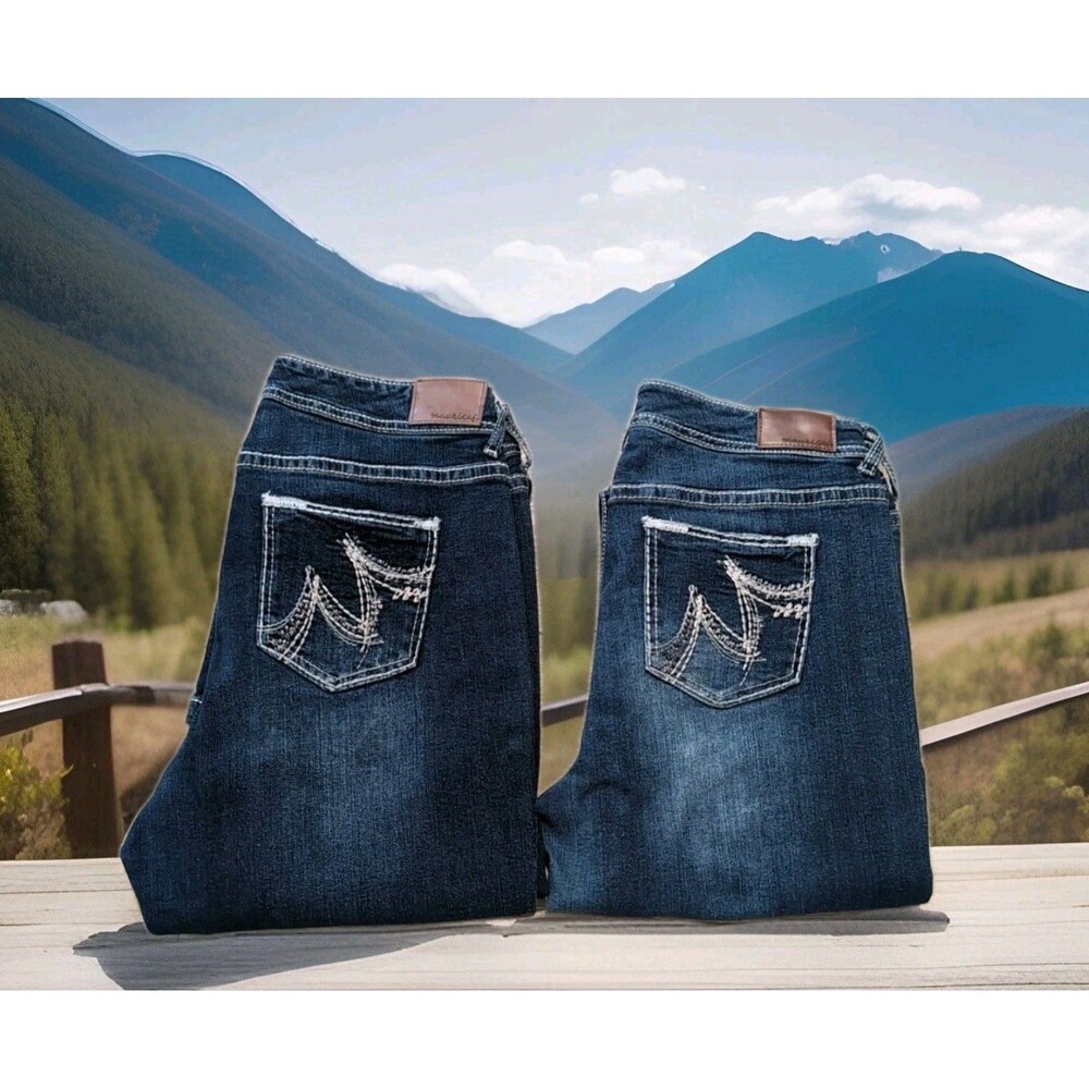 LOT/2 MAURICES BLUE DENIM STRETCH BOOT CUT JEANS RODEO/FAIR W SZ 18REG 36X32 EUC